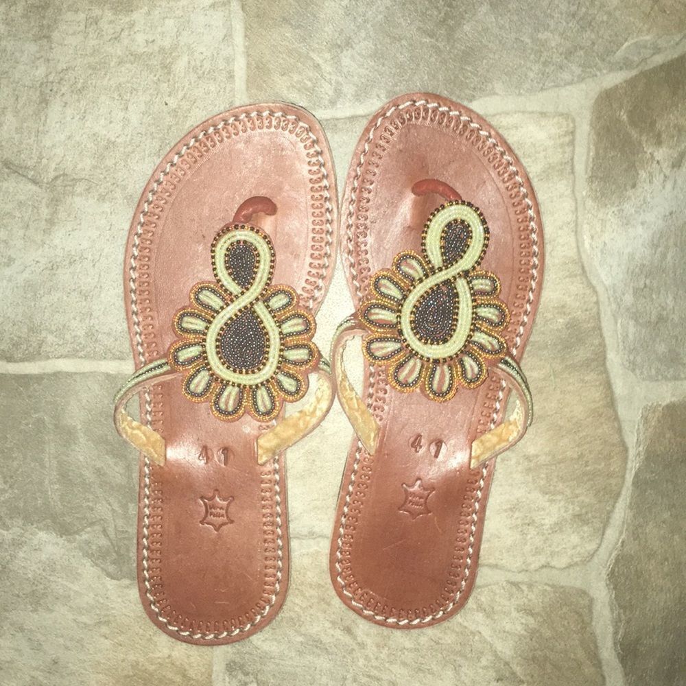 Vera Pelle 41 resort wear leather boho embossed sandals - Picture 1 of 5